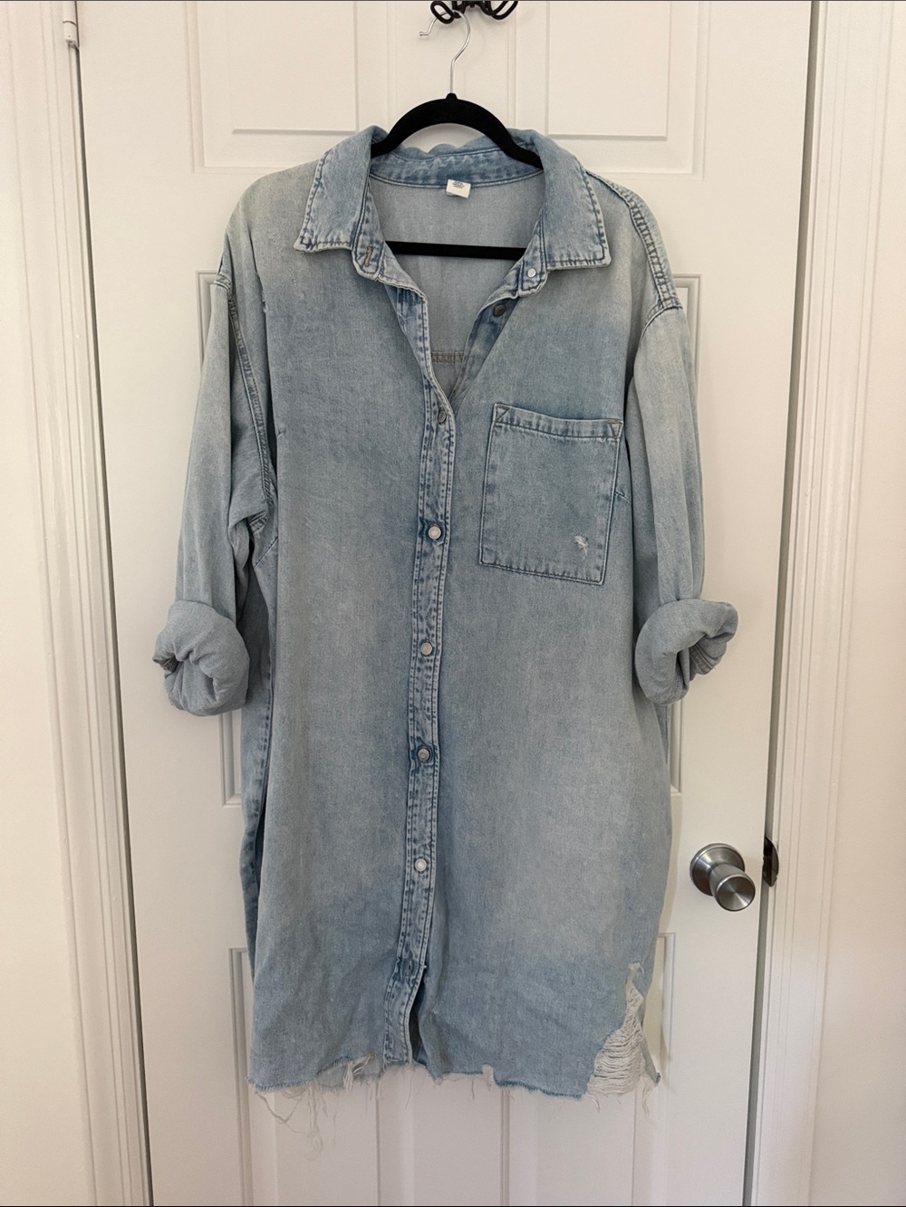 Light Wash Denim Shirt Dress with Distressed Hem